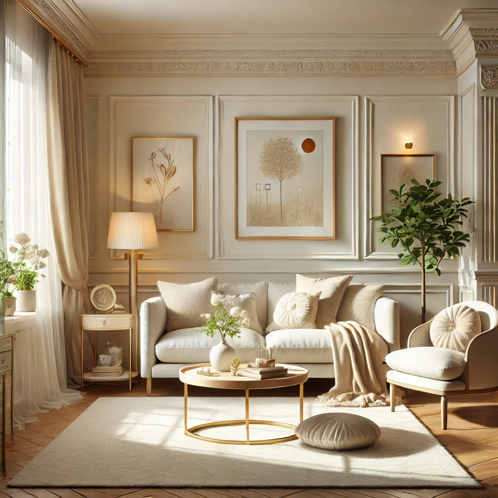 Krem Oturma Odası Dekorasyonu